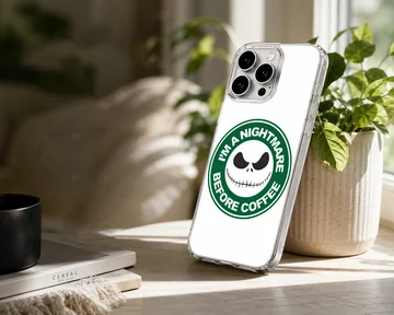 A white and green circular coffee skeleton graphic printed on a phone case — Lifestyle