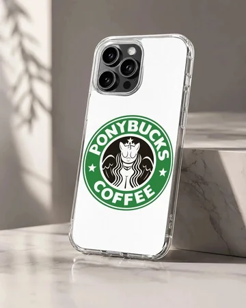 A whimsical green and white coffee parody graphic featuring a stylized creature inside a circular logo on a phone case