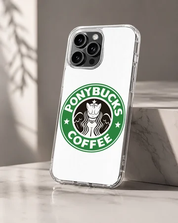 A whimsical green and white coffee parody graphic featuring a stylized creature inside a circular logo on a phone case — Hero