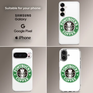 A whimsical green and white coffee parody graphic featuring a stylized creature inside a circular logo on a phone case — Collage