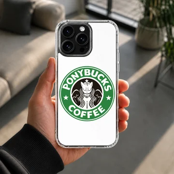 A whimsical green and white coffee parody graphic featuring a stylized creature inside a circular logo on a phone case — Lifestyle
