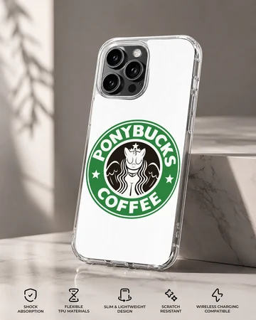A whimsical green and white coffee parody graphic featuring a stylized creature inside a circular logo on a phone case — Specs