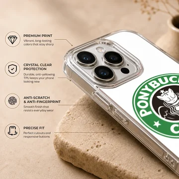 A whimsical green and white coffee parody graphic featuring a stylized creature inside a circular logo on a phone case — Info