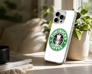 A whimsical green and white coffee parody graphic featuring a stylized creature inside a circular logo on a phone case — Lifestyle
