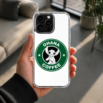 Ohana coffee cartoon character emblem printed on a protective matte phone case — Lifestyle