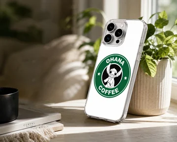Ohana coffee cartoon character emblem printed on a protective matte phone case — Lifestyle
