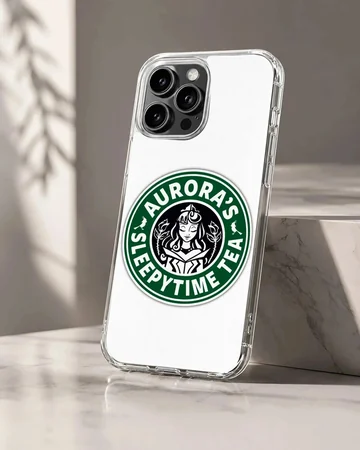 A circular green and white coffee parody illustration featuring a royal cartoon character and typography on a phone case