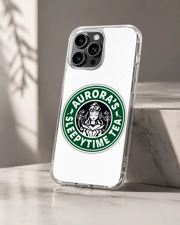 A circular green and white coffee parody illustration featuring a royal cartoon character and typography on a phone case — Hero