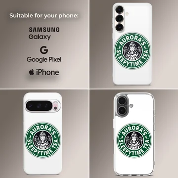 A circular green and white coffee parody illustration featuring a royal cartoon character and typography on a phone case — Collage