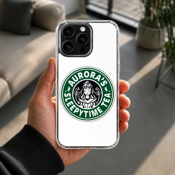 A circular green and white coffee parody illustration featuring a royal cartoon character and typography on a phone case — Lifestyle