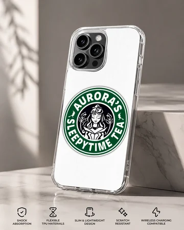 A circular green and white coffee parody illustration featuring a royal cartoon character and typography on a phone case — Specs