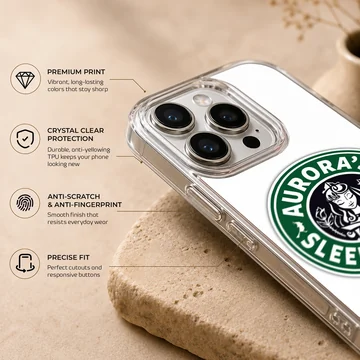 A circular green and white coffee parody illustration featuring a royal cartoon character and typography on a phone case — Info