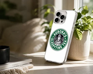 A circular green and white coffee parody illustration featuring a royal cartoon character and typography on a phone case — Lifestyle