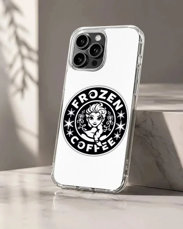 A black and white cartoon emblem phone case featuring an animated ice princess and coffee parody text