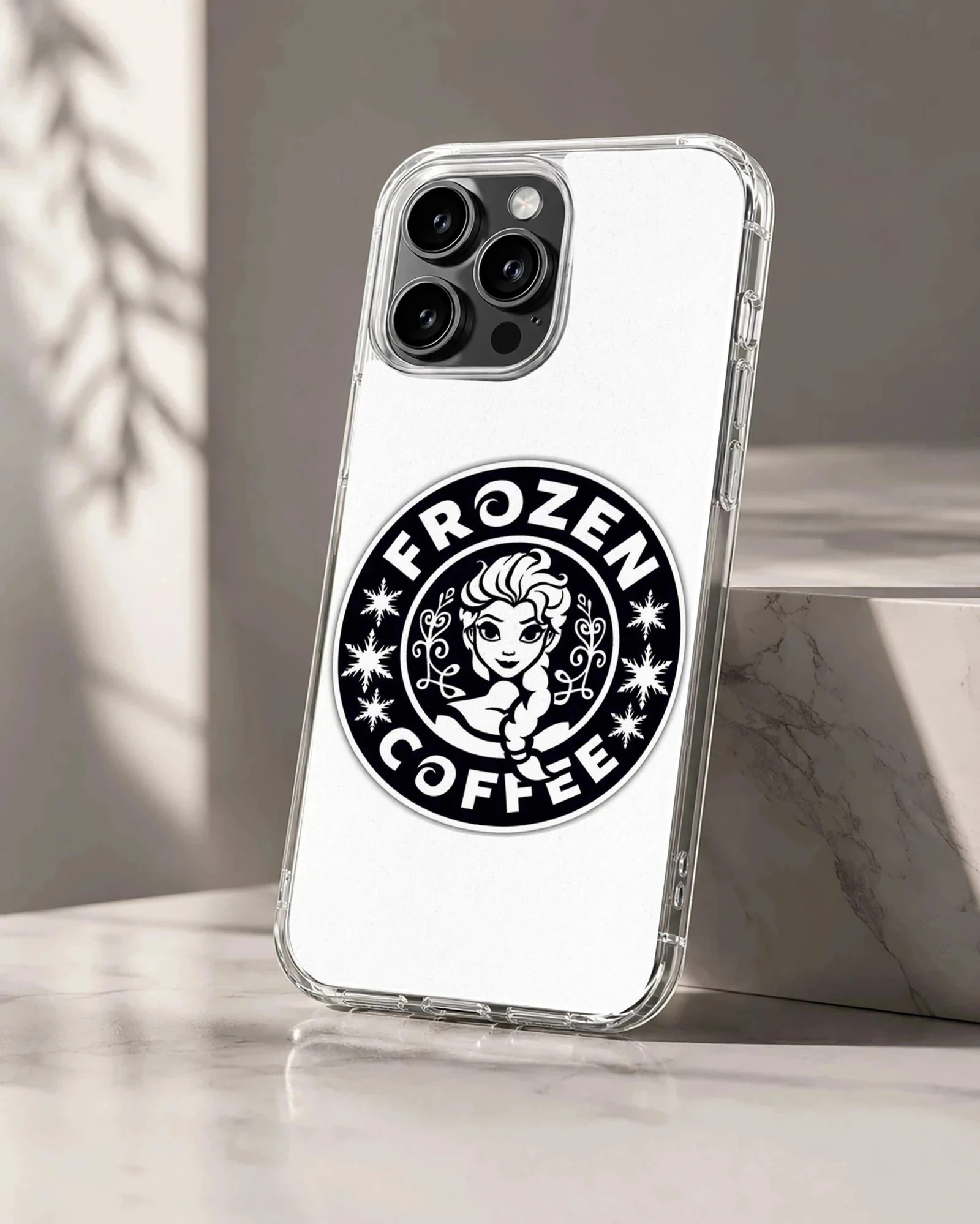 A black and white cartoon emblem phone case featuring an animated ice princess and coffee parody text