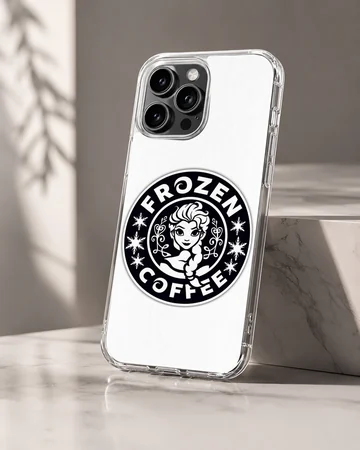 A black and white cartoon emblem phone case featuring an animated ice princess and coffee parody text — Hero