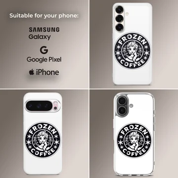 A black and white cartoon emblem phone case featuring an animated ice princess and coffee parody text — Collage