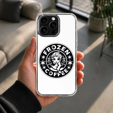 A black and white cartoon emblem phone case featuring an animated ice princess and coffee parody text — Lifestyle