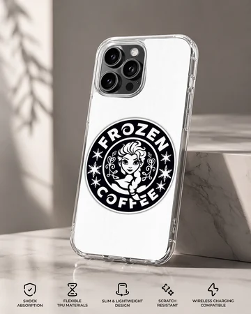 A black and white cartoon emblem phone case featuring an animated ice princess and coffee parody text — Specs