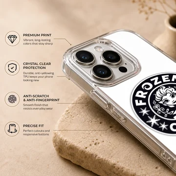 A black and white cartoon emblem phone case featuring an animated ice princess and coffee parody text — Info