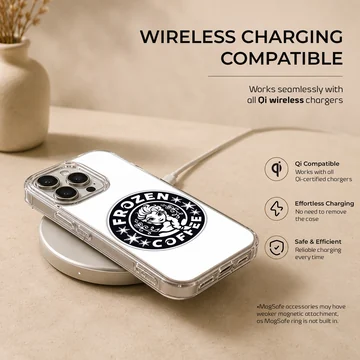 A black and white cartoon emblem phone case featuring an animated ice princess and coffee parody text — Charging