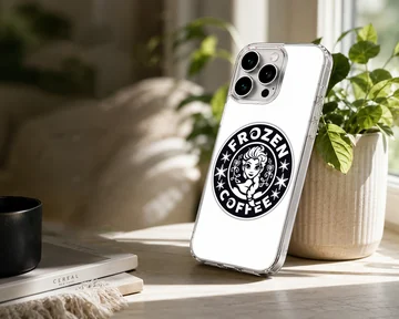 A black and white cartoon emblem phone case featuring an animated ice princess and coffee parody text — Lifestyle