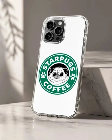 A cartoon pug face inside a green coffee seal graphic on a phone case
