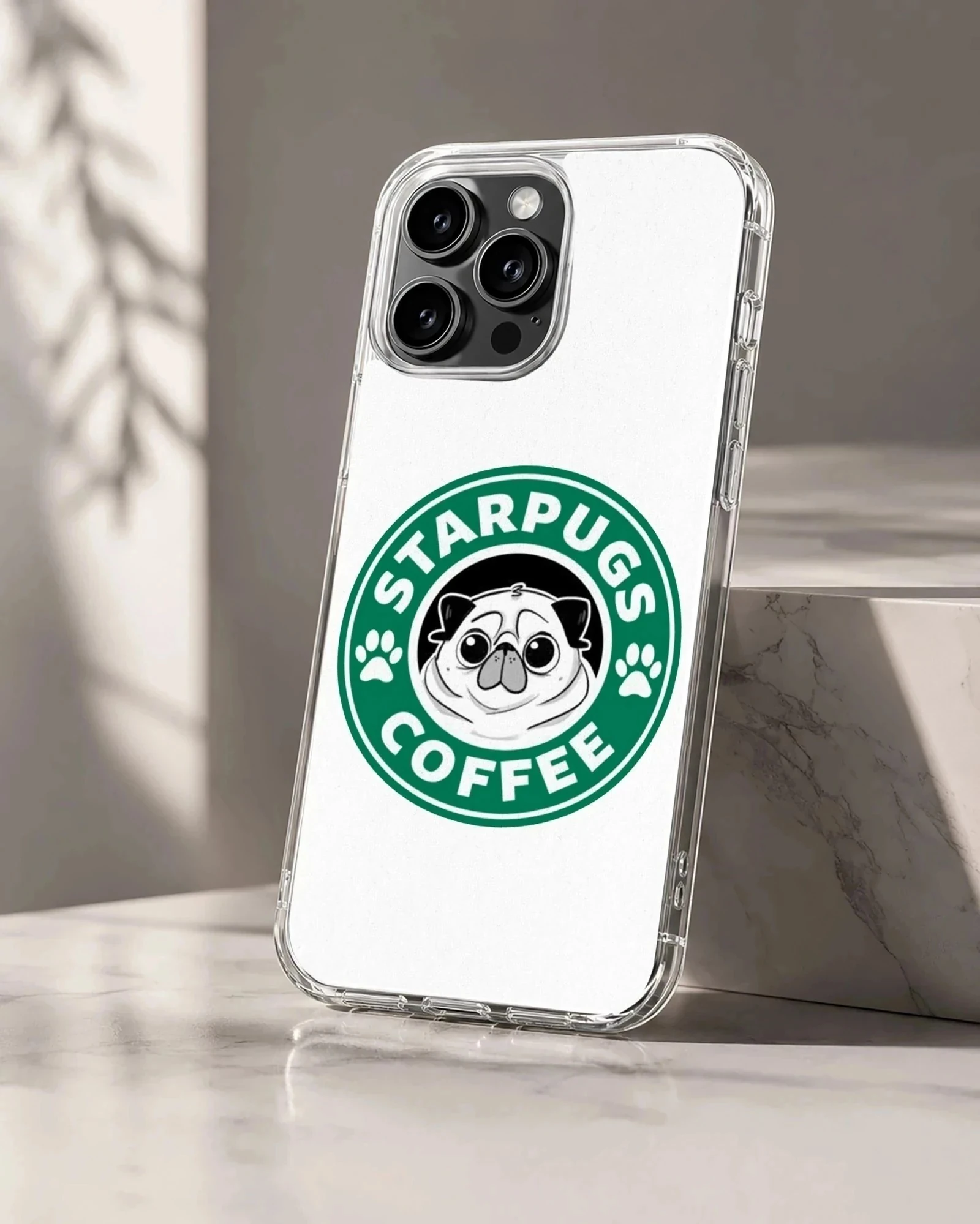 A cartoon pug face inside a green coffee seal graphic on a phone case