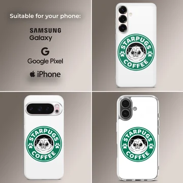 A cartoon pug face inside a green coffee seal graphic on a phone case — Collage