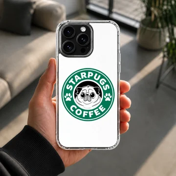 A cartoon pug face inside a green coffee seal graphic on a phone case — Lifestyle