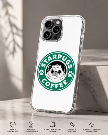 A cartoon pug face inside a green coffee seal graphic on a phone case — Specs