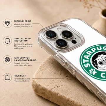 A cartoon pug face inside a green coffee seal graphic on a phone case — Info