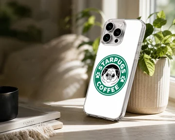 A cartoon pug face inside a green coffee seal graphic on a phone case — Lifestyle