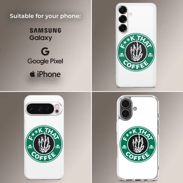 Sarcastic skeleton hand coffee logo phone case with green and black print — Collage