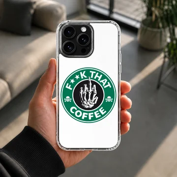 Sarcastic skeleton hand coffee logo phone case with green and black print — Lifestyle