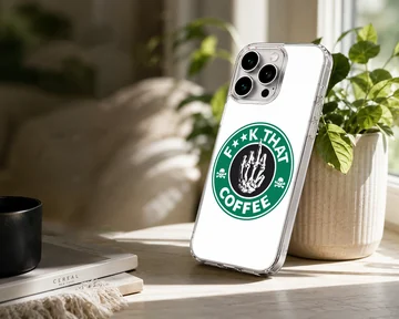 Sarcastic skeleton hand coffee logo phone case with green and black print — Lifestyle