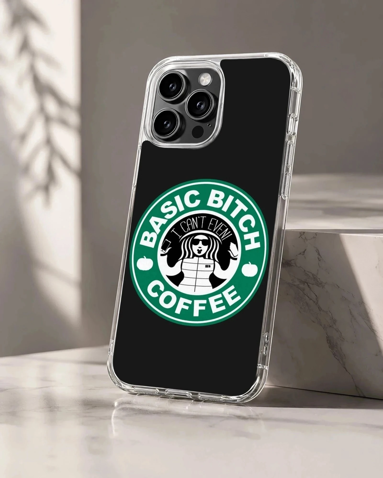 Funny coffee parody meme illustration on a matte black phone case