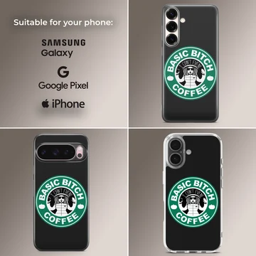 Funny coffee parody meme illustration on a matte black phone case — Collage