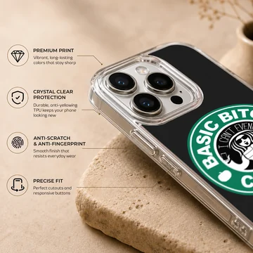 Funny coffee parody meme illustration on a matte black phone case — Info