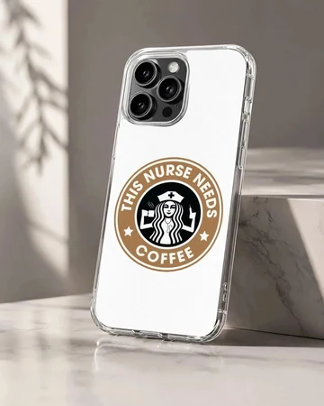 Round coffee emblem graphic with nurse illustration and typography reading This Nurse Needs Coffee on a phone case