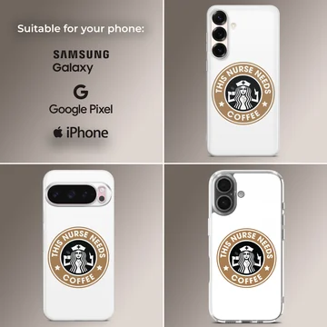Round coffee emblem graphic with nurse illustration and typography reading This Nurse Needs Coffee on a phone case — Collage