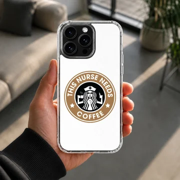 Round coffee emblem graphic with nurse illustration and typography reading This Nurse Needs Coffee on a phone case — Lifestyle