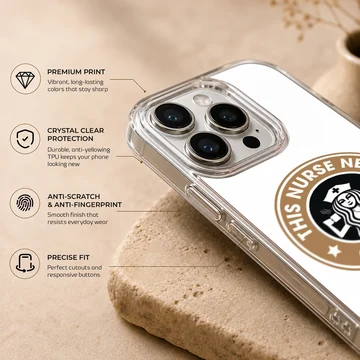 Round coffee emblem graphic with nurse illustration and typography reading This Nurse Needs Coffee on a phone case — Info