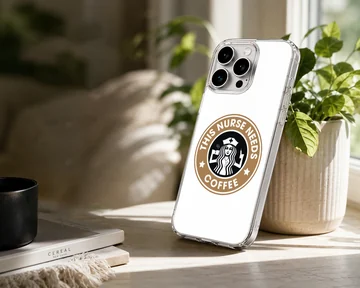 Round coffee emblem graphic with nurse illustration and typography reading This Nurse Needs Coffee on a phone case — Lifestyle