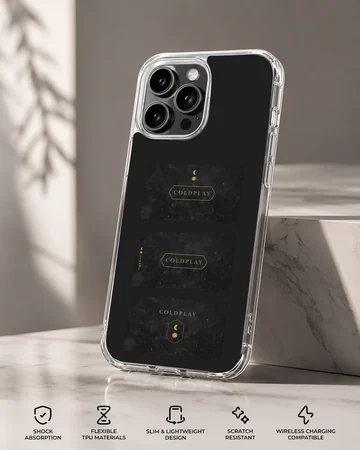 Coldplay music logo phone case featuring night sky artwork with celestial motifs on a black backdrop phone case — Specs