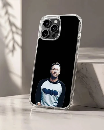 Portrait graphic of a charismatic male vocalist wearing a raglan shirt against a solid black background on a phone case