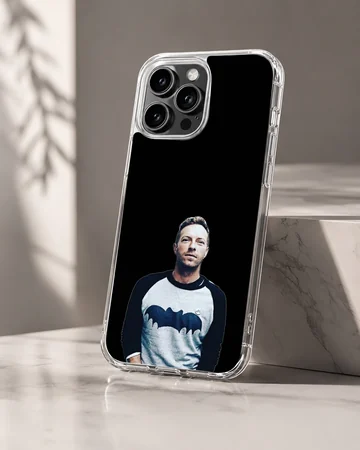 Portrait graphic of a charismatic male vocalist wearing a raglan shirt against a solid black background on a phone case — Hero