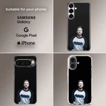 Portrait graphic of a charismatic male vocalist wearing a raglan shirt against a solid black background on a phone case — Collage