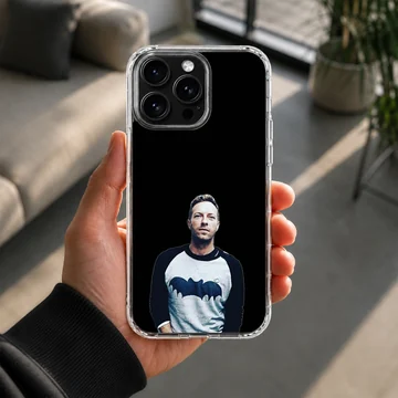 Portrait graphic of a charismatic male vocalist wearing a raglan shirt against a solid black background on a phone case — Lifestyle
