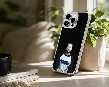 Portrait graphic of a charismatic male vocalist wearing a raglan shirt against a solid black background on a phone case — Lifestyle